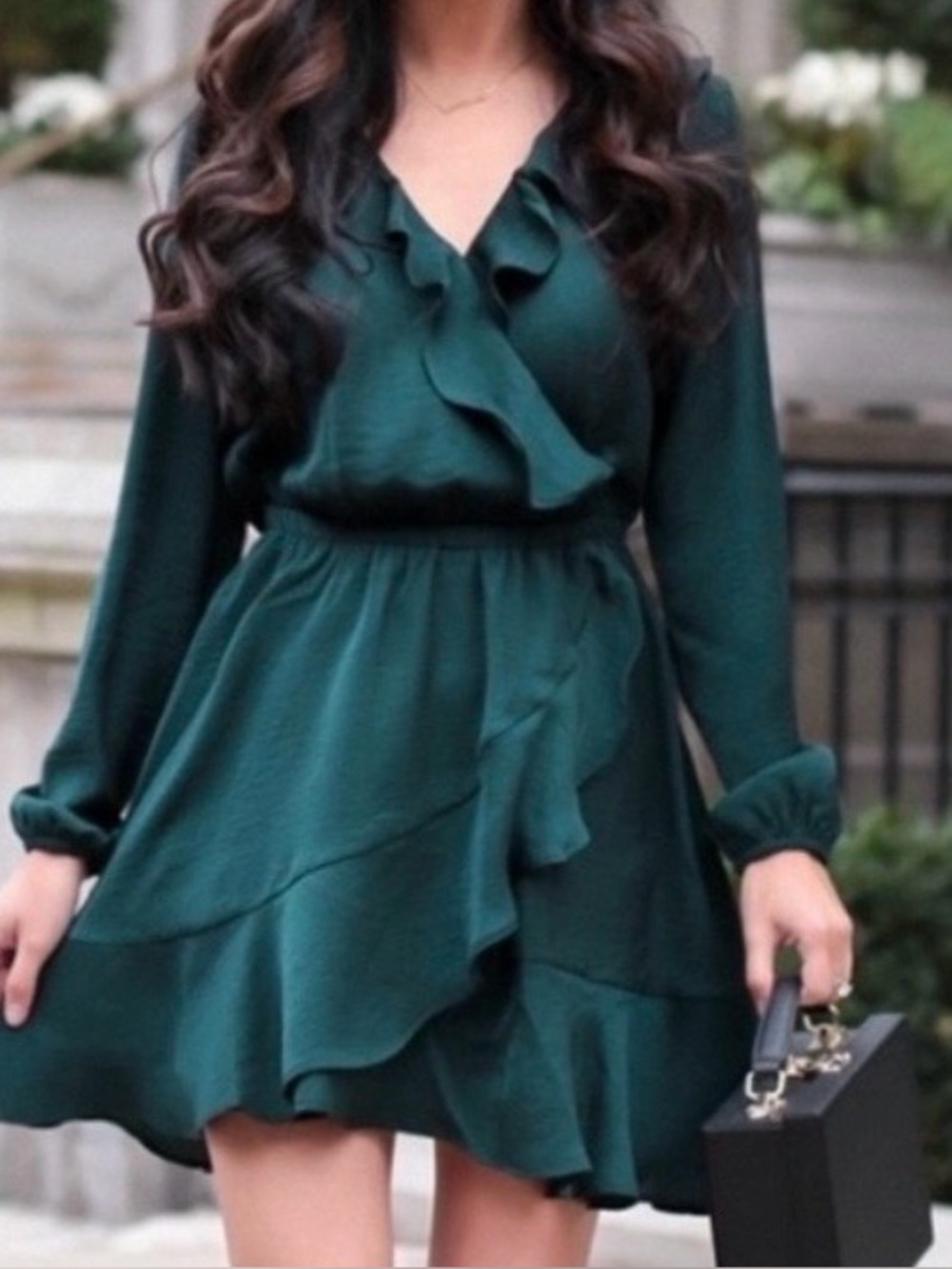Express Emerald Green Ruffle Long-Sleeve Mini Dress